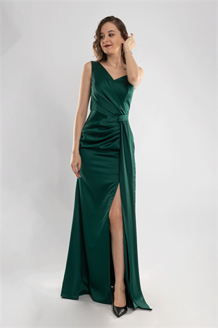 1193 Tek Omuz Şal Detay Yanı Drape Uzun Saten Elbise