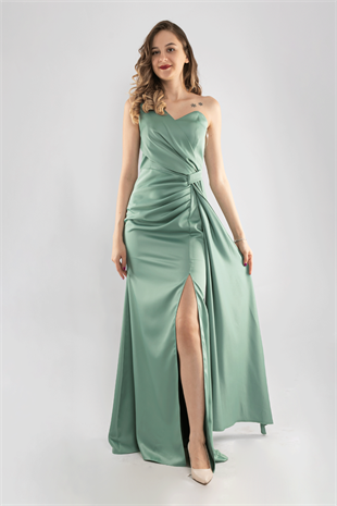 1193 Tek Omuz Şal Detay Yanı Drape Uzun Saten Elbise