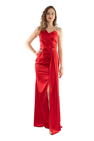 1193 Tek Omuz Şal Detay Yanı Drape Uzun Saten Elbise