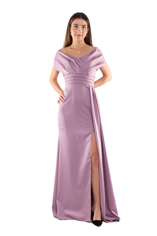 1195 Beli Drape Kayık Yaka Yanı Kuyruklu Uzun Saten Elbise