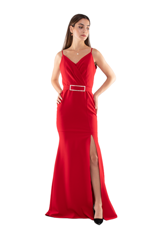 1197 İp Askılı Yırtmaçlı Kemerli Balık Model Krep Elbise