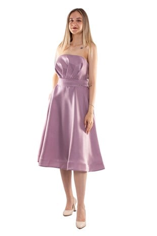 1211 Straplez Kemerli Ve Cepli Çan Etek Jakar Midiboy Elbise