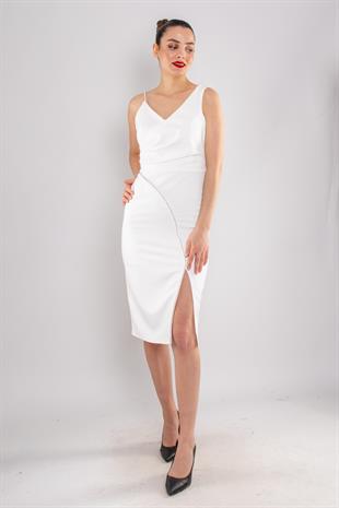 1221 İp Askı Yanı Asimetrik TaşDetay Yırtmaçlı Krep Kısa Elbise