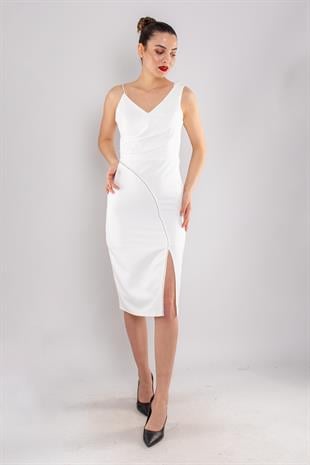 1221 İp Askı Yanı Asimetrik TaşDetay Yırtmaçlı Krep Kısa Elbise