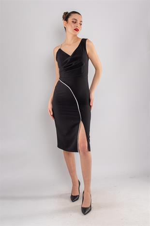 1221 İp Askı Yanı Asimetrik TaşDetay Yırtmaçlı Krep Kısa Elbise