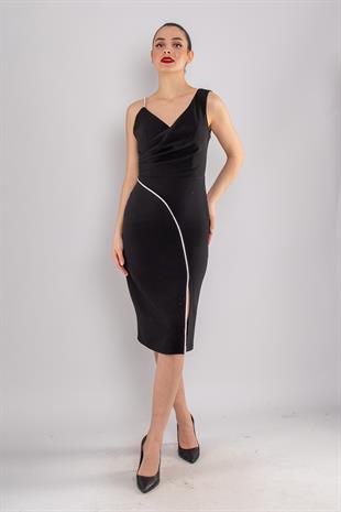 1221 İp Askı Yanı Asimetrik TaşDetay Yırtmaçlı Krep Kısa Elbise