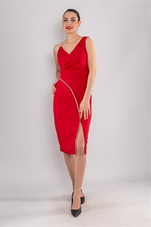 1221 İp Askı Yanı Asimetrik TaşDetay Yırtmaçlı Krep Kısa Elbise