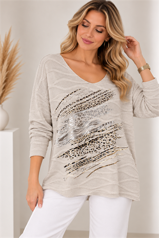 12252 Dalgalı Leopar Desen Vyaka Bluz