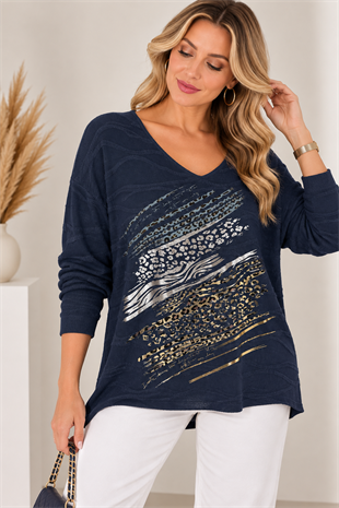 12252 Dalgalı Leopar Desen Vyaka Bluz