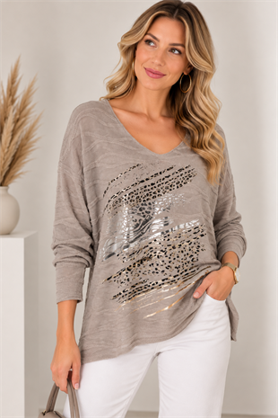 12252 Dalgalı Leopar Desen Vyaka Bluz