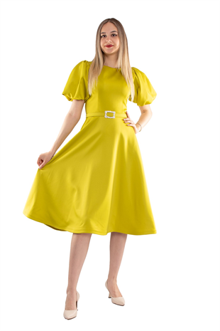 1232 Balon Kol Kloş Etek Kemerli Midiboy Abiye Elbise