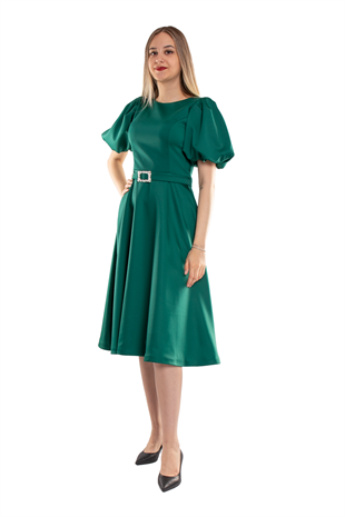 1232 Balon Kol Kloş Etek Kemerli Midiboy Abiye Elbise