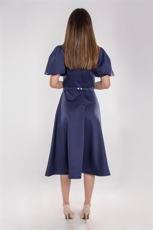 1232 Balon Kol Kloş Etek Kemerli Midiboy Abiye Elbise