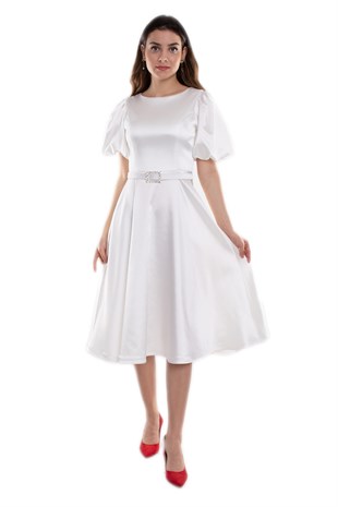 1232 Balon Kol Kloş Etek Kemerli Midiboy Abiye Elbise