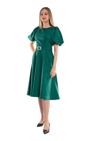 1232 Balon Kol Kloş Etek Kemerli Midiboy Abiye Elbise