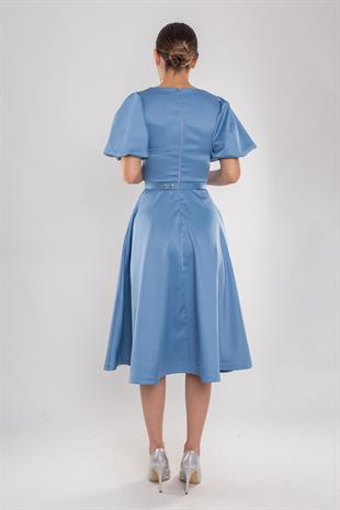 1232 Balon Kol Kloş Etek Kemerli Midiboy Abiye Elbise