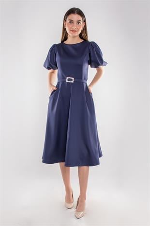 1232 Balon Kol Kloş Etek Kemerli Midiboy Abiye Elbise