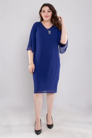 125 Büyük Beden Vyaka Şerit Taş Kolyeli Kısa Şifopn Elbise