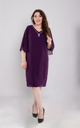 125 Büyük Beden Vyaka Şerit Taş Kolyeli Kısa Şifopn Elbise