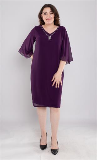 125 Büyük Beden Vyaka Şerit Taş Kolyeli Kısa Şifopn Elbise