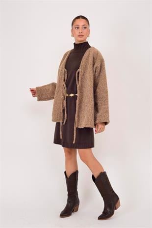 12586 Düz Desen Yakasız Bağlamalı Keçe Ceket