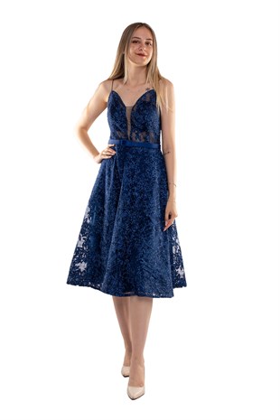 1286 İpAskı Sim Nakışlı Transparan Çan Etek Midiboy Elbise