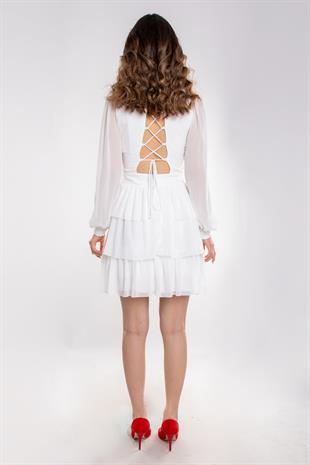 1298 Beli Çapraz Tokalı Sırtı İpli Uzun Kollu Kısa Şifon Elbise