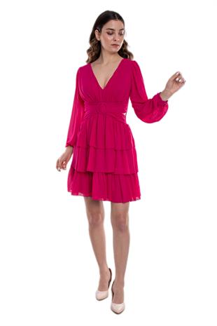 1298 Beli Çapraz Tokalı Sırtı İpli Uzun Kollu Kısa Şifon Elbise