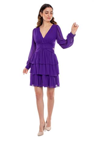 1298 Beli Çapraz Tokalı Sırtı İpli Uzun Kollu Kısa Şifon Elbise