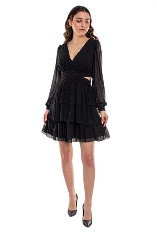 1298 Beli Çapraz Tokalı Sırtı İpli Uzun Kollu Kısa Şifon Elbise