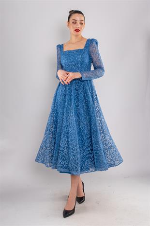 1299 Kare Yaka Uzunkol Simli Eteği Valon Midiboy Elbise