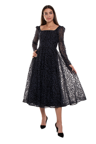 1299 Kare Yaka Uzunkol Simli Eteği Valon Midiboy Elbise