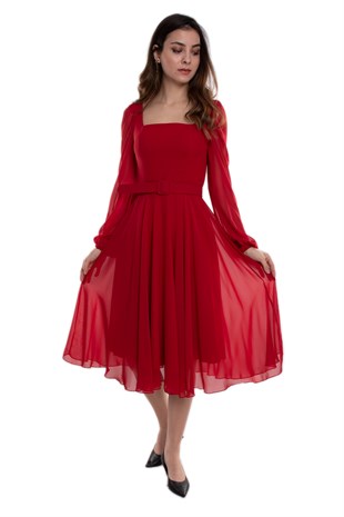 1302 Tül Kol Kare Yaka Kemerli Şifon Kloş Kısa Elbise