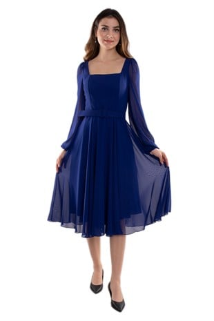 1302 Tül Kol Kare Yaka Kemerli Şifon Kloş Kısa Elbise