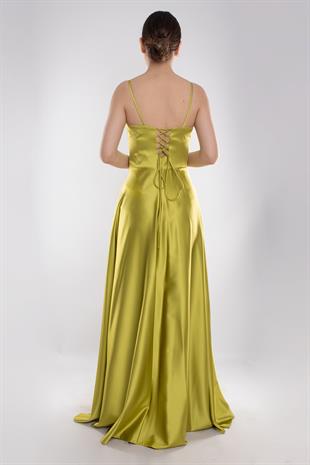 1324 Şalyaka Yırtmaçlı İpAskılı Sırtı Bağlamalı Uzun Saten Elbise