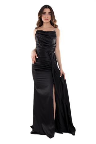 1329 İpAskılı Şalyaka Beli Drape Kuyruklu Uzun Saten Elbise