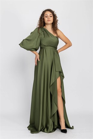 1337 KB Tek Omuz Balon Kol Yırtmaçlı Saten Abiye Elbise