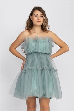 1340 KB Straplez KatKat Tül Kısa Elbise