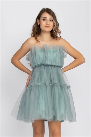 1340 KB Straplez KatKat Tül Kısa Elbise