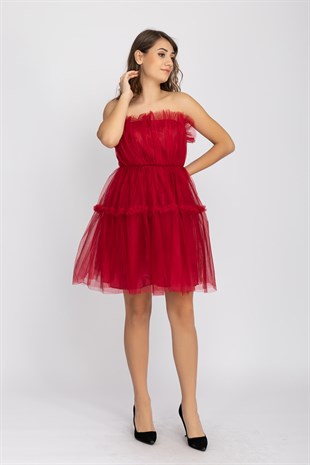 1340 KB Straplez KatKat Tül Kısa Elbise