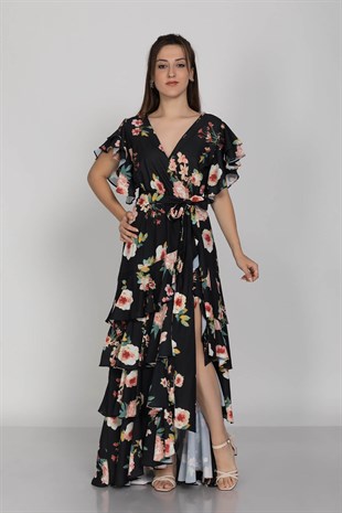 1348 KB Eteği Katkat Gül Desen Krep Şifon Elbise