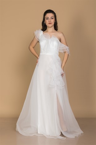 1356 Organze Tül Yaka Omuz Valonlu Uzun Nişanlık Elbise