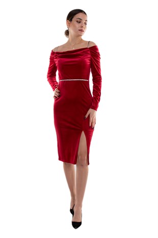 1358 Degaje Yaka Askılı ve Beli Detaylı Kadın Kısa Kadife Elbise