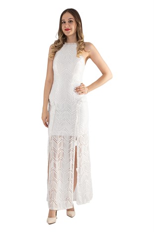 1360 Derin Sırt Dekolteli Halter Yaka Yırtmaçlı Dantel Uzun Elbise