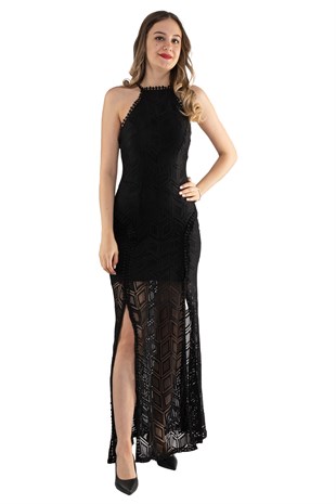 1360 Derin Sırt Dekolteli Halter Yaka Yırtmaçlı Dantel Uzun Elbise