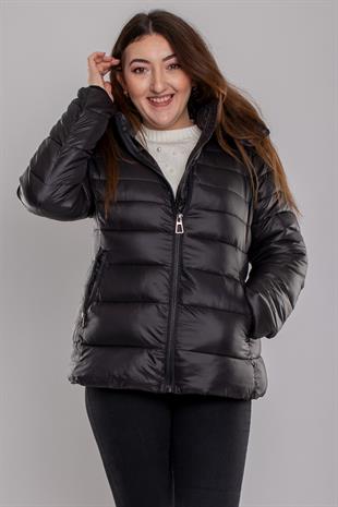 1377 Düz Desen Parlak Kapüşonlu Astarlı Kısa Mont