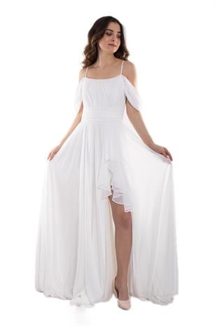 1380 İp Askı Göğüs Drape Yanı Fırfırlı Uzun Şifon Elbise