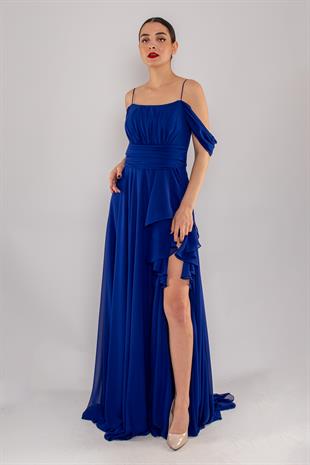 1380 İp Askı Göğüs Drape Yanı Fırfırlı Uzun Şifon Elbise