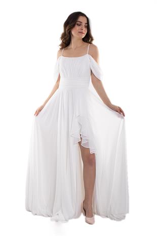 1380 İp Askı Göğüs Drape Yanı Fırfırlı Uzun Şifon Elbise