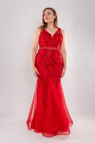 1407 Büyük Beden 3D Çiçek Nakışlı Transparan Detay Nişanlık